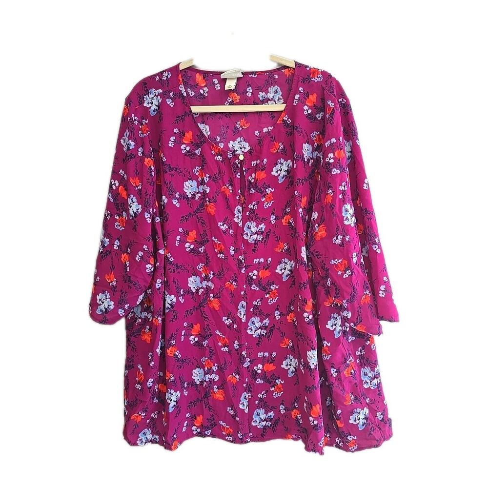 Ava & Viv Purple Floral Scoop Neck Keyhole 3/4 Sleeve Tunic Top Womans Size 3X